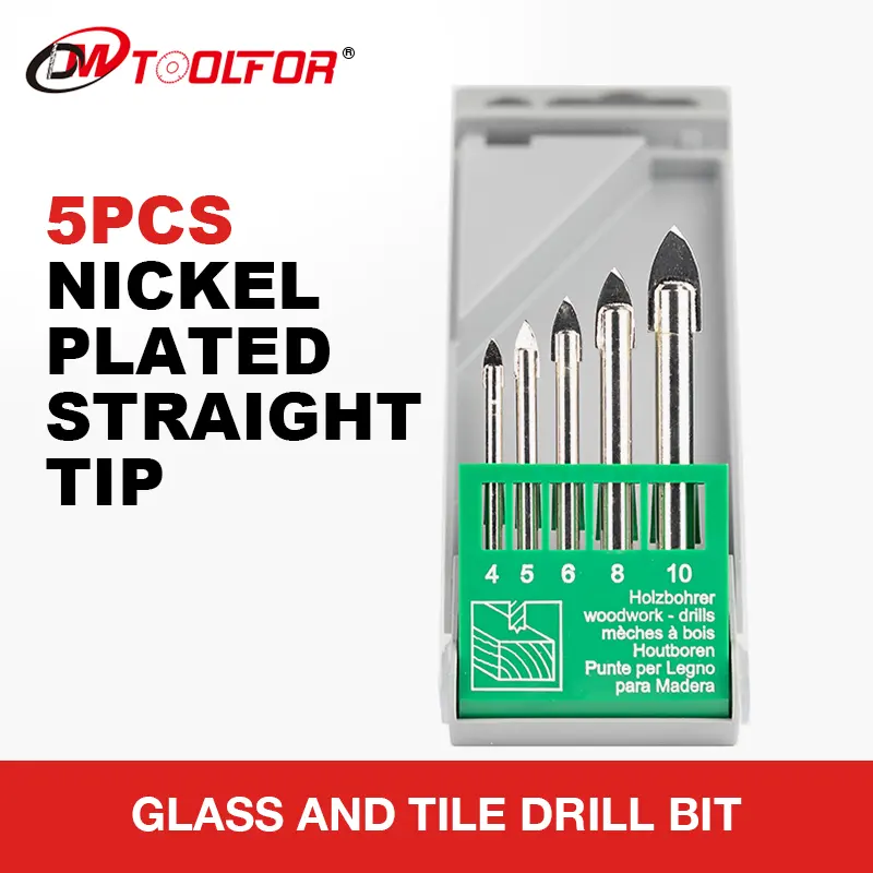 5pcs Nicel Staight Tip Glass Drill Bits Set with Plastic Box Packaging